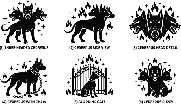 Black silhouette three headed cerberus and puppy with flaming details vector art