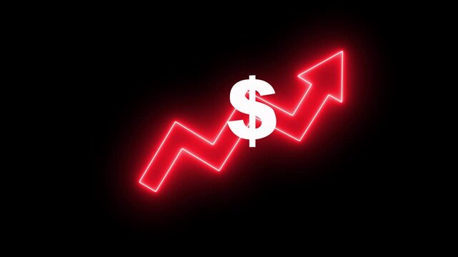 Money increases icon, dollar rate increase stretching arrow up icon .Glowing up arrow with dollar sign. Glowing neon line of dollar sign icon and up arrow isolated on transparent background.4k motion.