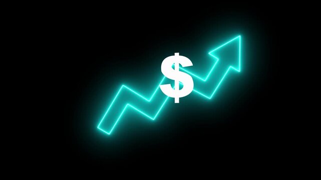 Money increases icon, dollar rate increase stretching arrow up icon .Glowing up arrow with dollar sign. Glowing neon line of dollar sign icon and up arrow isolated on transparent background.4k motion.