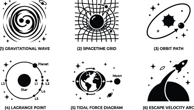 Black and white space themed icons gravitational wave spacetime grid orbit path and rocket launch