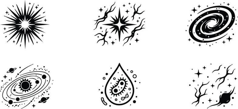 Black and white celestial stars planets and microscopic bacteria vector art icons