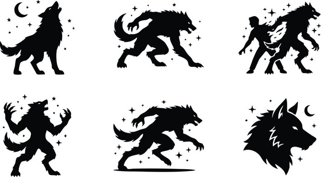 Black silhouette werewolf moon and stars vector art set