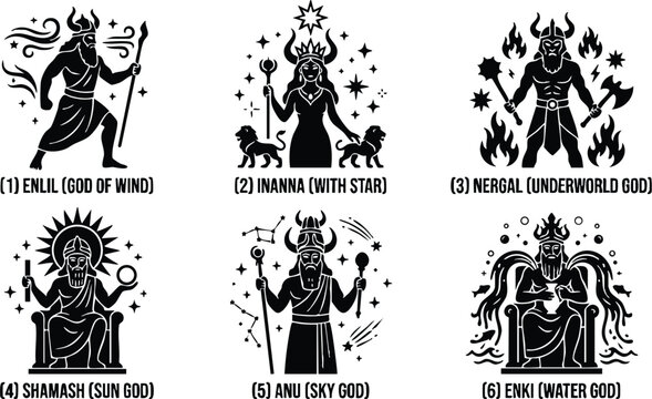 Six mesopotamian gods with symbolic elements