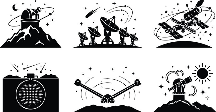 Black and white space telescope observatory and satellite vector art icons