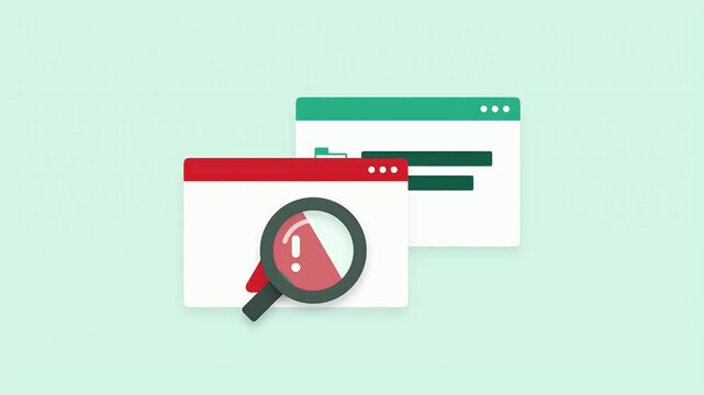 Magnifying glass scanning a red warning triangle inside a browser window representing cybersecurity or software error