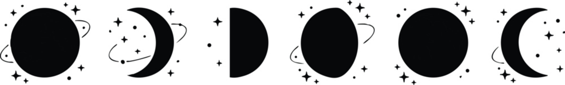 Black and white phases of the moon vector art with stars and orbit lines