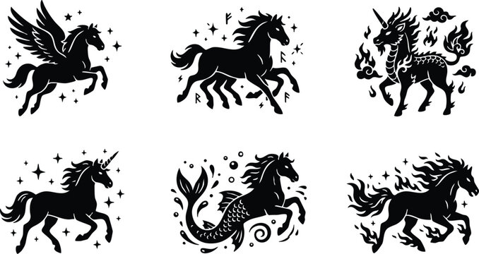 Black silhouette mythical horse creatures including pegasus unicorn and fire horse vector art