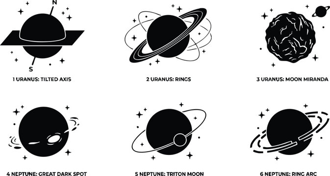 Uranus and neptune planets with moons and rings