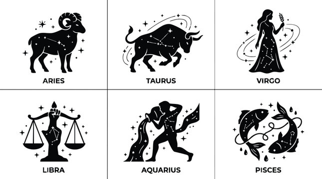 Black and white zodiac constellation icons of aries taurus virgo libra aquarius and pisces
