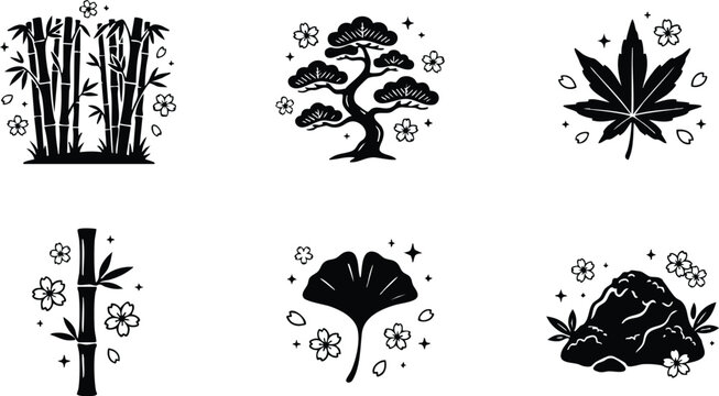 Bamboo tree bonsai ginkgo leaf and rock with flowers