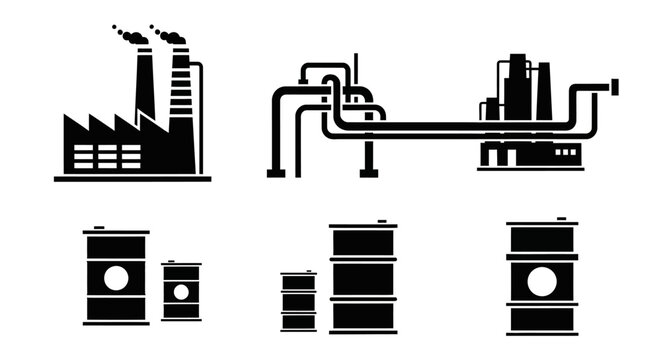 Industrial factory and oil barrels icons.