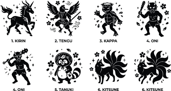 Mythical kirin tengu kappa oni tanuki and kitsune creatures