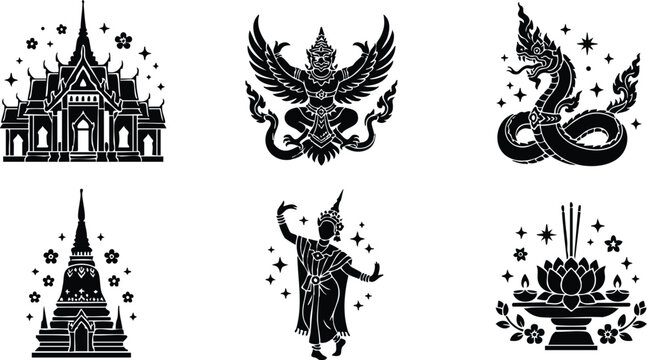 Black and white thai temple garuda naga dancer and lotus incense vector art