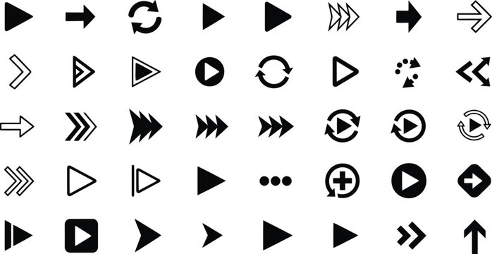 Collection of black vector arrows and play buttons illustrating navigation, direction, and media control functions