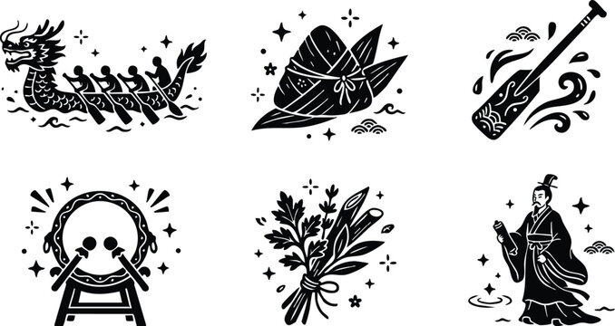 Black and white dragon boat zongzi paddle drum herbs and ancient poet vector art