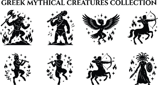 Black and white greek mythical creatures collection silhouette line art