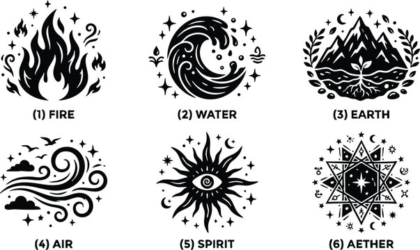 Black and white elemental symbols fire water earth air spirit aether vector art
