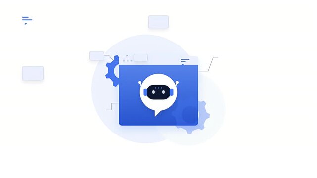 Modern flat vector illustration of an AI chatbot assistant on a website interface with gears and digital elements