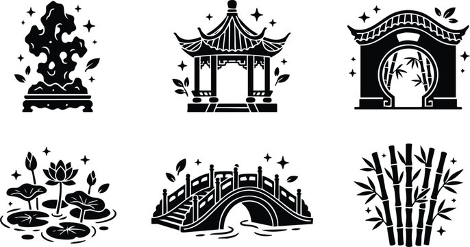 Bonsai rock pagoda moon gate lotus pond bridge and bamboo