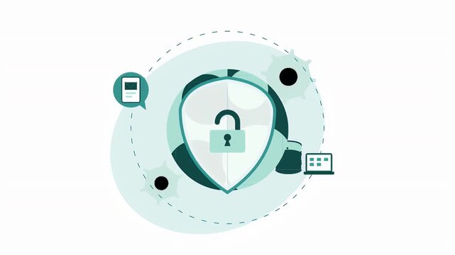 Digital security concept illustration featuring a shield with an open padlock surrounded by mobile and computer icons.