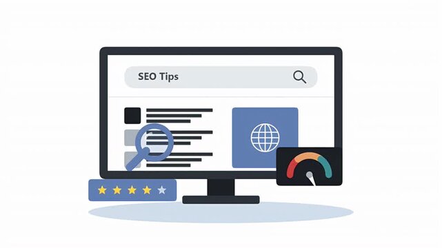 Animated computer monitor showing search engine optimization tips with website performance and ranking icons.