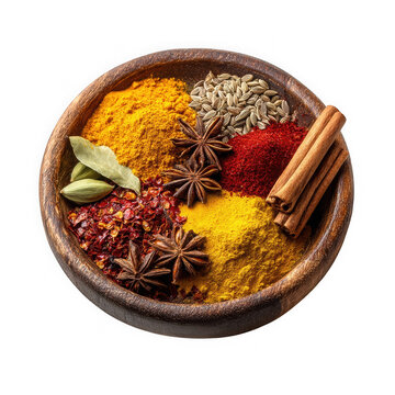Mixed spices in wooden bowl isolated cutout PNG, colorful aromatic seasoning ingredients for cooking, natural food element for culinary and herbal use