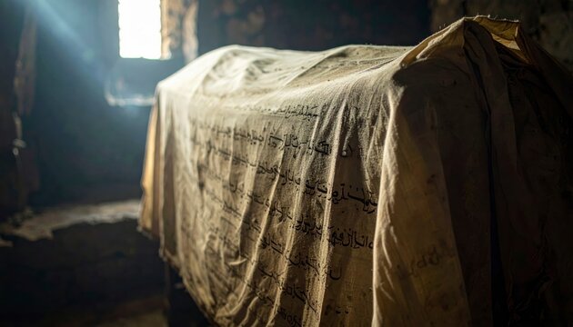 Ancient Egyptian Demotic script on a linen burial shroud, faint yet discernible through aged fabric