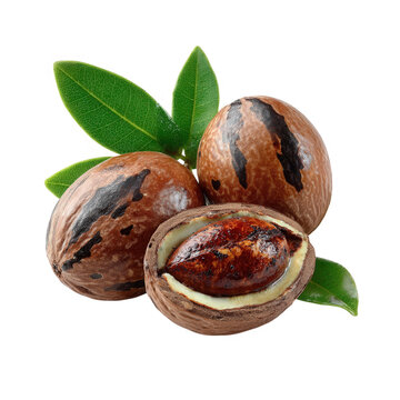 Whole and cracked shea nuts with green leaves on transparent background.