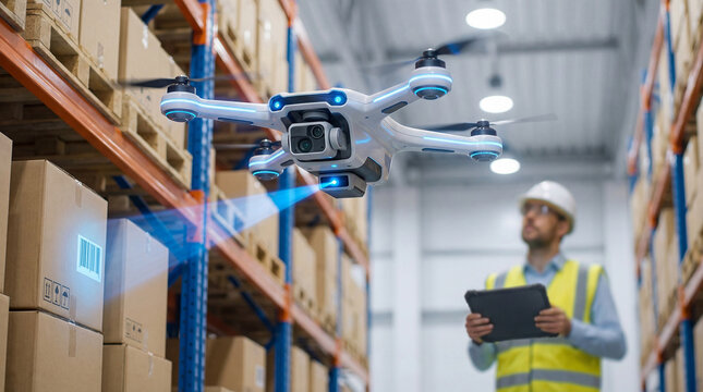 Autonomous drone scanning inventory in smart warehouse with worker using tablet for logistics and supply chain management
