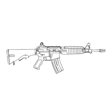Detailed line art illustration of a modern rifle with scope and rails.