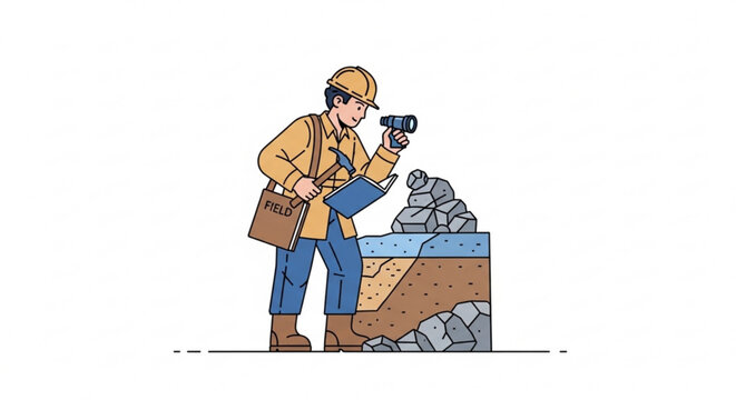 Geologist examining rock layers with magnifying glass and hammer geologist exploration research geological analysis examination scientist profession outdoors magnifying specimen discovery