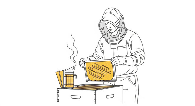 Beekeeper in protective suit inspecting honeycomb frame with line art beekeeper honeycomb protective agriculture production wildlife occupation illustration equipment foodstuff activity