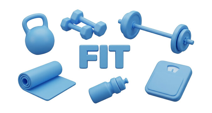 Set of 3D fitness and gym equipment icons in blue plastic style with kettlebell and dumbbells isolated on white