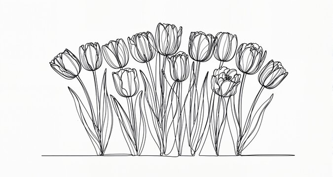 Set of one line tulips. Hand drawn contuor drowing of spring flowers. Modern single line art.
