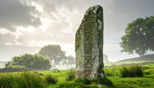 Ancient Ogham script carved on a tall standing stone in a grassy field under a cloudy sky