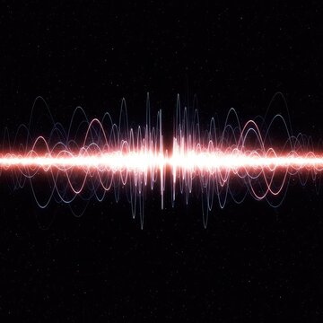 Abstract visualization of subatomic oscillations. Pulsating light waves flowing through a deep cosmic void, representing synchronization and potential energy, quantum, network, potential