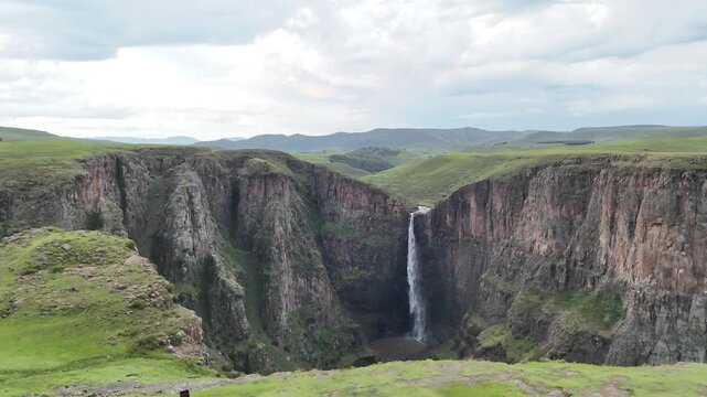 Aerial Drone View of Waterfall in the Mountains of Lesotho