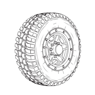 Close-up of a rugged tire and metal wheel assembly with detailed tread pattern.