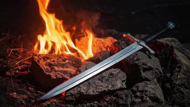 Sword resting beside a campfire on rocky ground at night, illuminated by flickering flames, creating a dramatic and adventurous outdoor scene.
