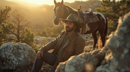 Naklejka premium Rugged Cowboy Resting on Rocky Mountainside with Saddled Horse at Golden Hour Sunset