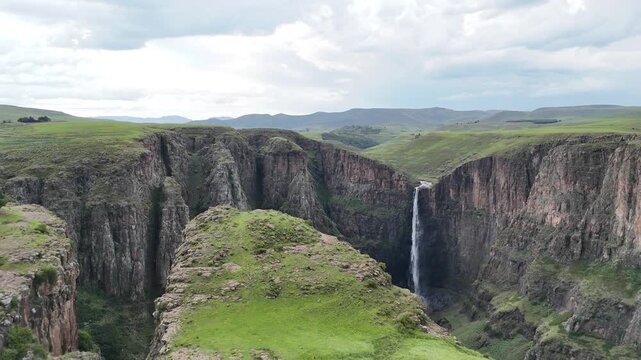 Aerial Drone View of Waterfall in the Mountains of Lesotho