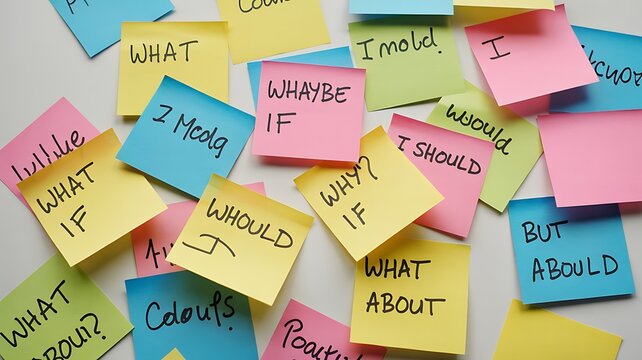 Vibrant colorful sticky notes with handwritten questions scattered on white surface handwritten text