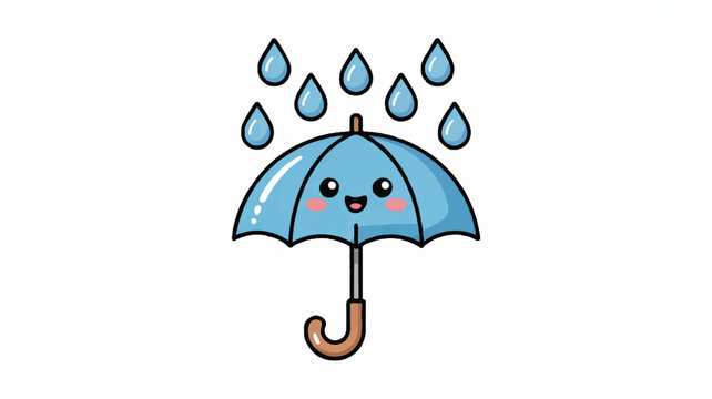 Cute cartoon blue umbrella with raindrops and smiling face on white background