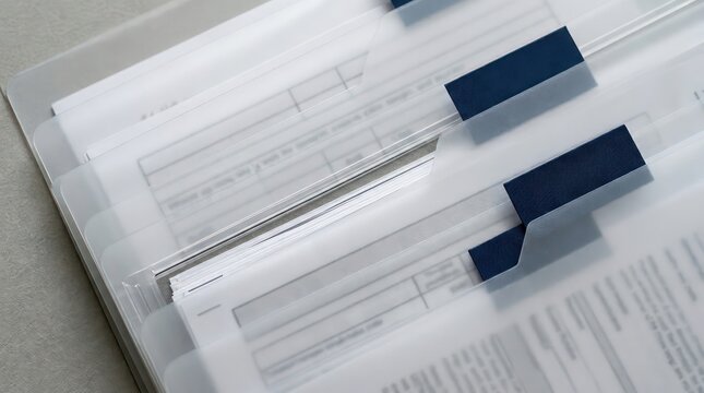 Frosted document sleeves with navy index tabs and layered paperwork for audit readiness records management business header background