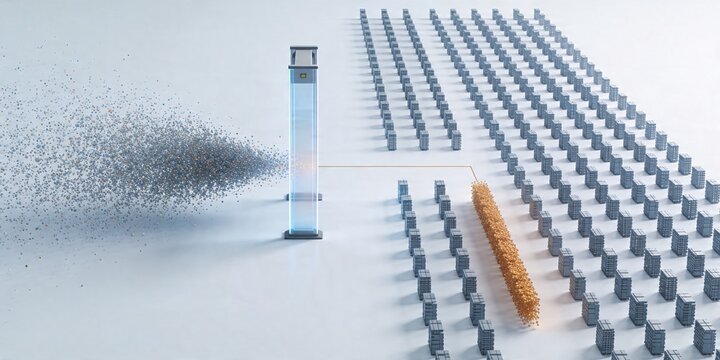 Enterprise data screening checkpoint with organized matrix and diverted amber flow on minimal technology background with copy space
