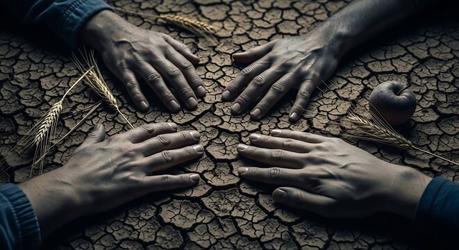 Conceptual representation of food security: hands on parched cracked earth with wheat and apple