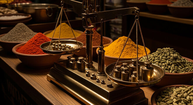 Vintage Scale Weighing Spices in a Traditional Market