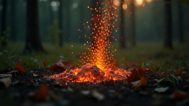 Wildfire ash falling on green forest floor with ember glow at dusk, smoky forest background