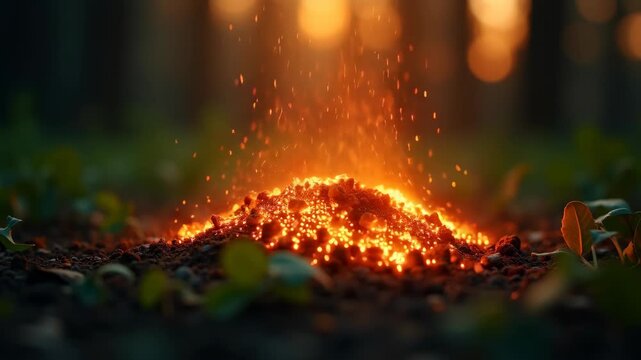Wildfire ash falling on green forest floor with ember glow at dusk, smoky forest background
