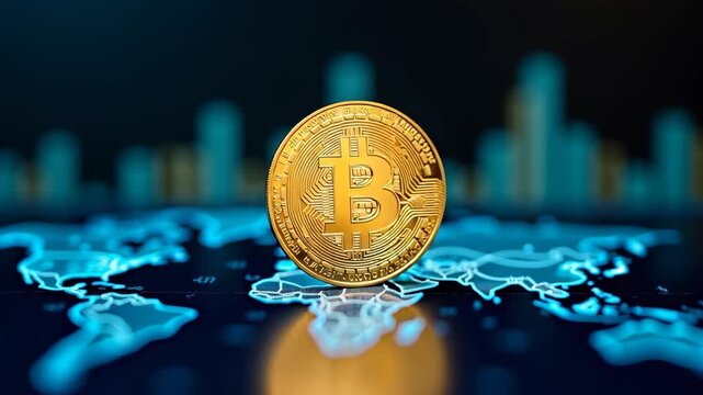 Central bank digital currency CBDC holographic coin rotating on dark surface